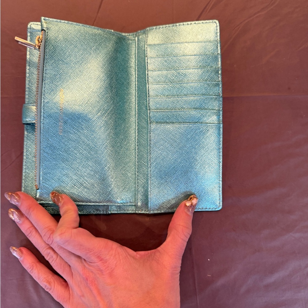 NWOT Rebecca Minkoff Metallic Teal Saffiano Leather slim wallet MSRP $195 - Picture 7 of 10